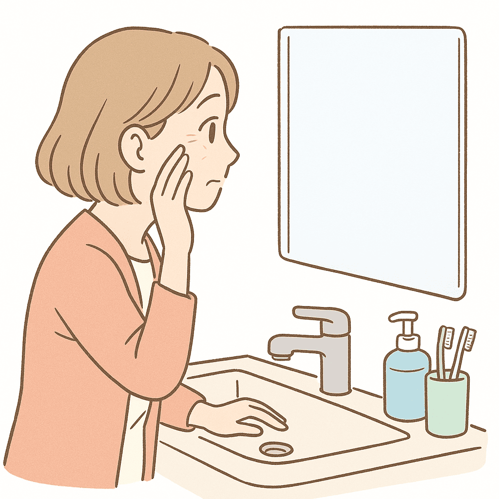 シワを見つめる女性の画像